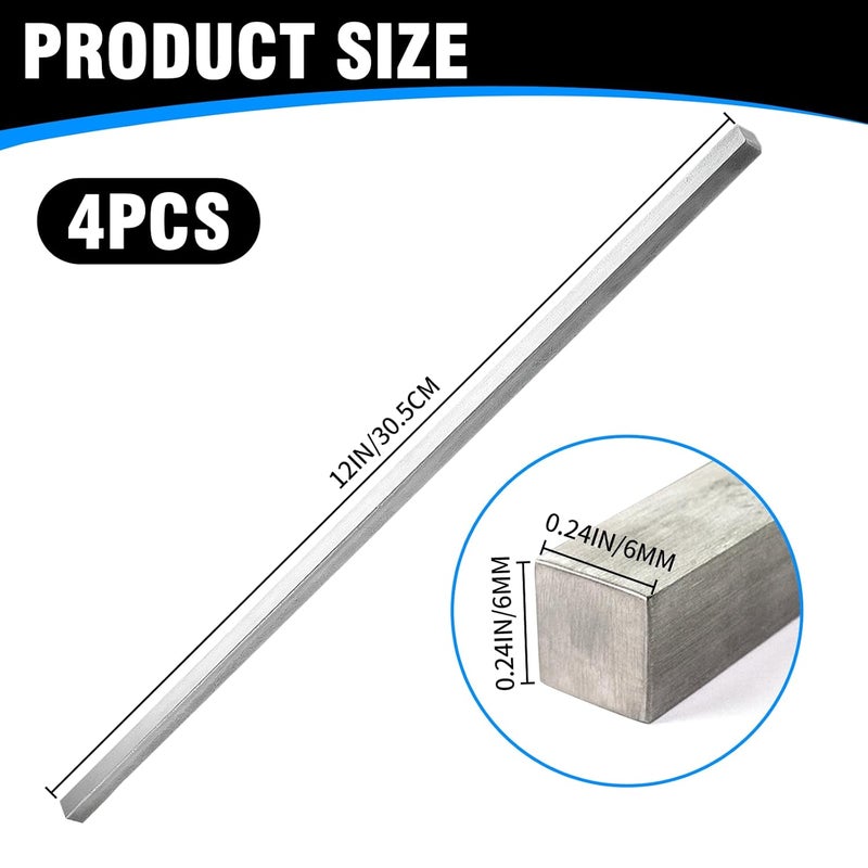 FUYITE 4 Pcs 1/4" x 1/4" x 12" Square Steel Key Stock, Cold-Drawn Stainless Steel Bars Metal Bars, Precision Key Stock - Image 2